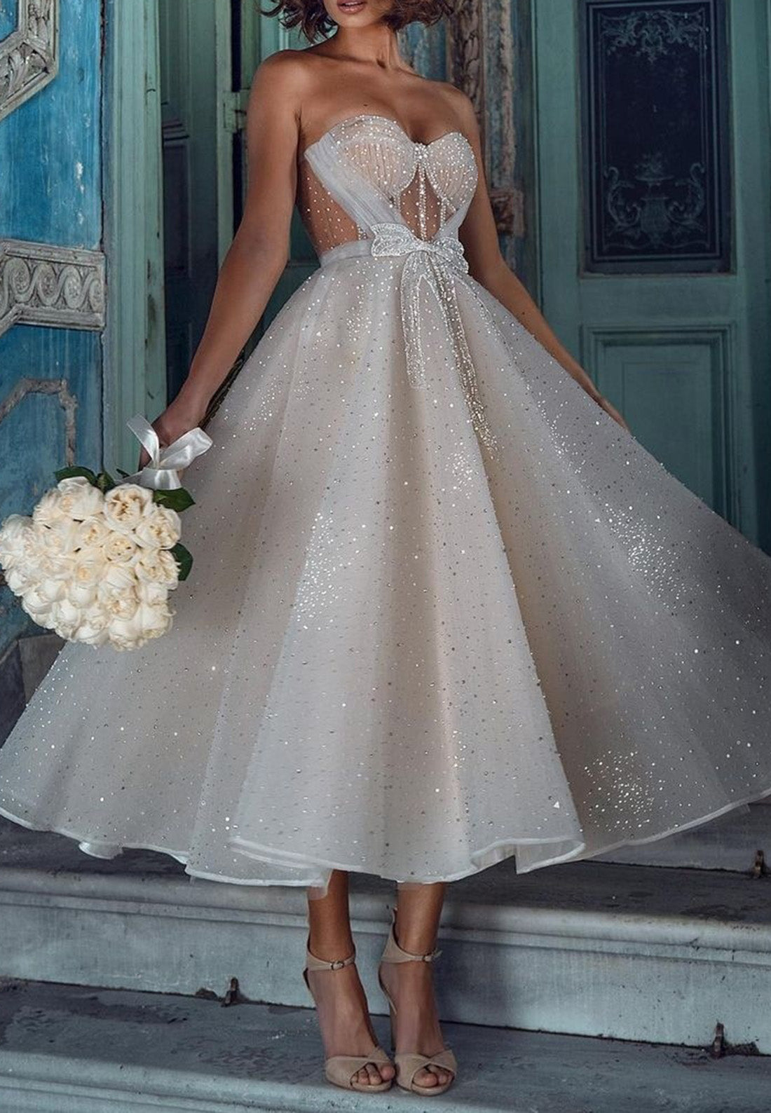 Sweetheart Strapless Tulle Sparkly A-Line Beach Wedding Dress