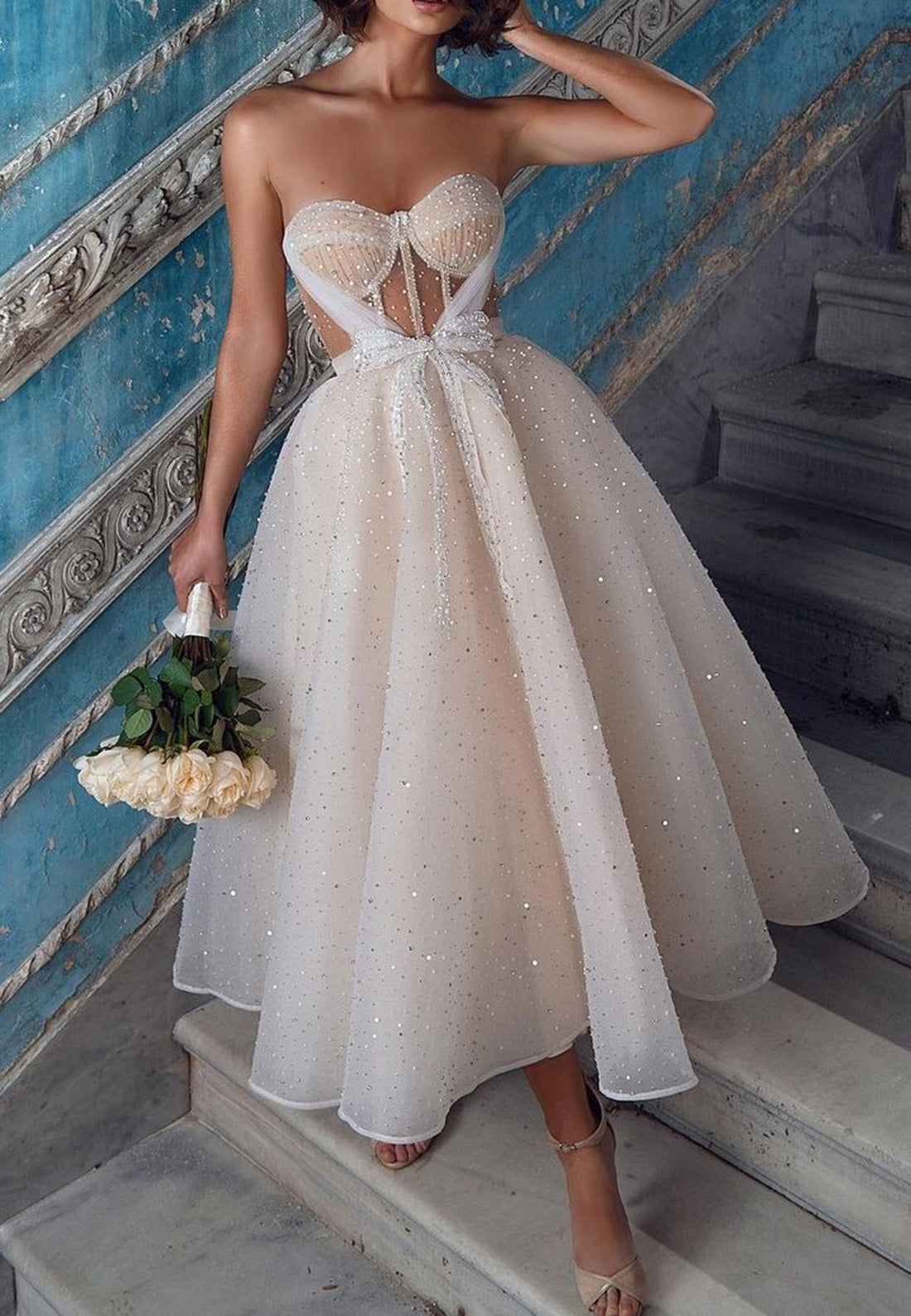 Sweetheart Strapless Tulle Sparkly A-Line Beach Wedding Dress