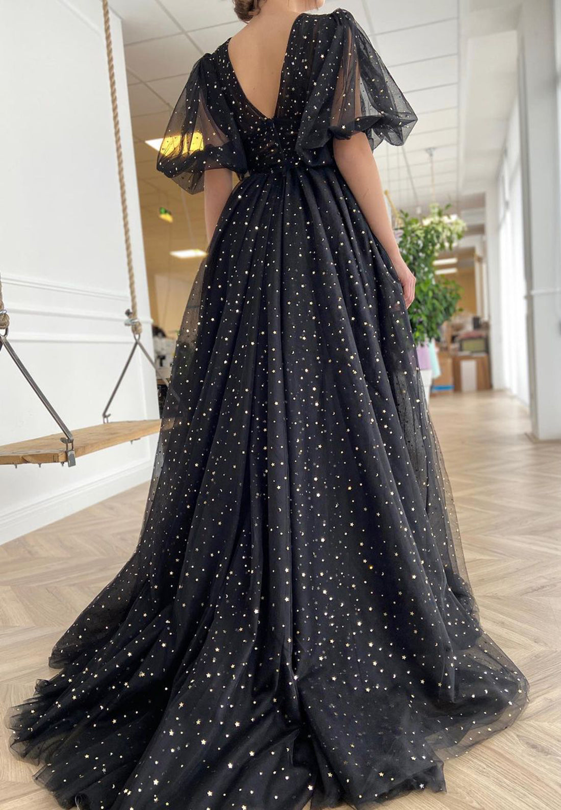 V-Neck Half Sleeves Tulle A-Line Prom Dress