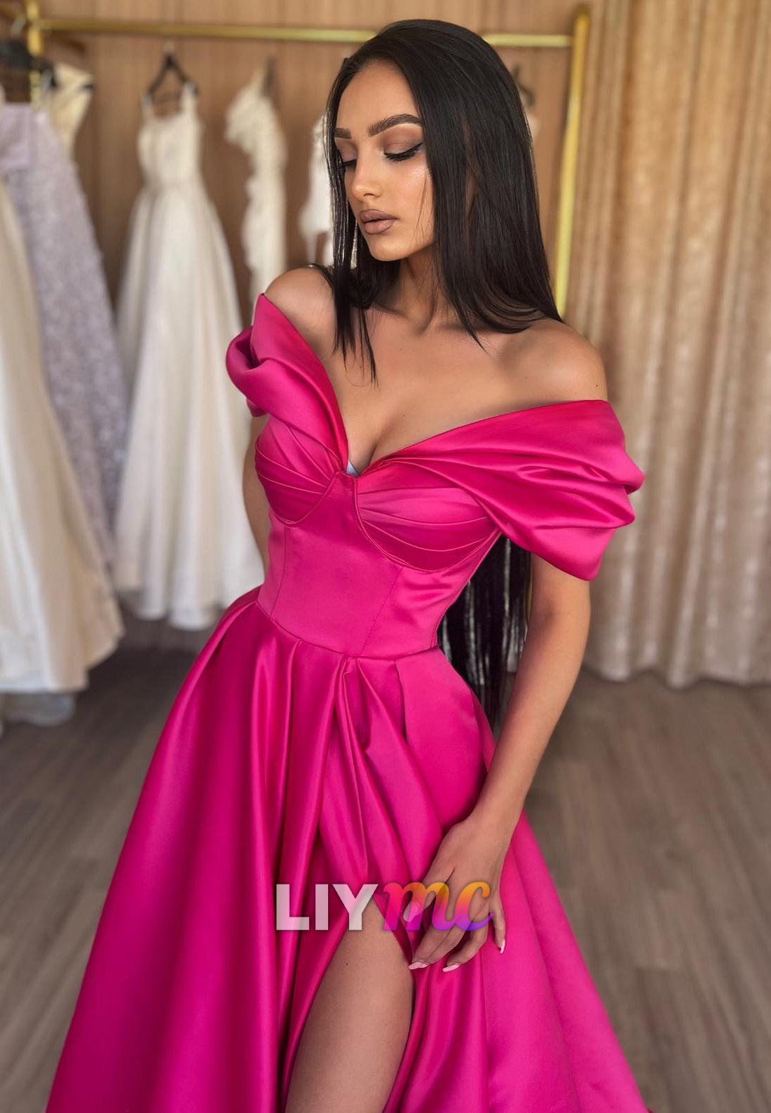 LP2294 - Off-Shoulder Strapless Pleated A-Line High Slit Prom Dress