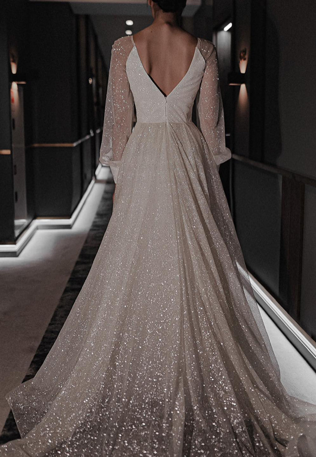 V-Neck Long Sleeves Pleated Tulle Sparkly A-Line Wedding Dress