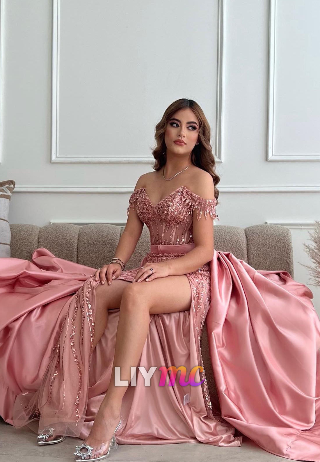 LP2043 - Off-Shoulder Strapless Sequins Beaded High Slit A-Line Prom Dress