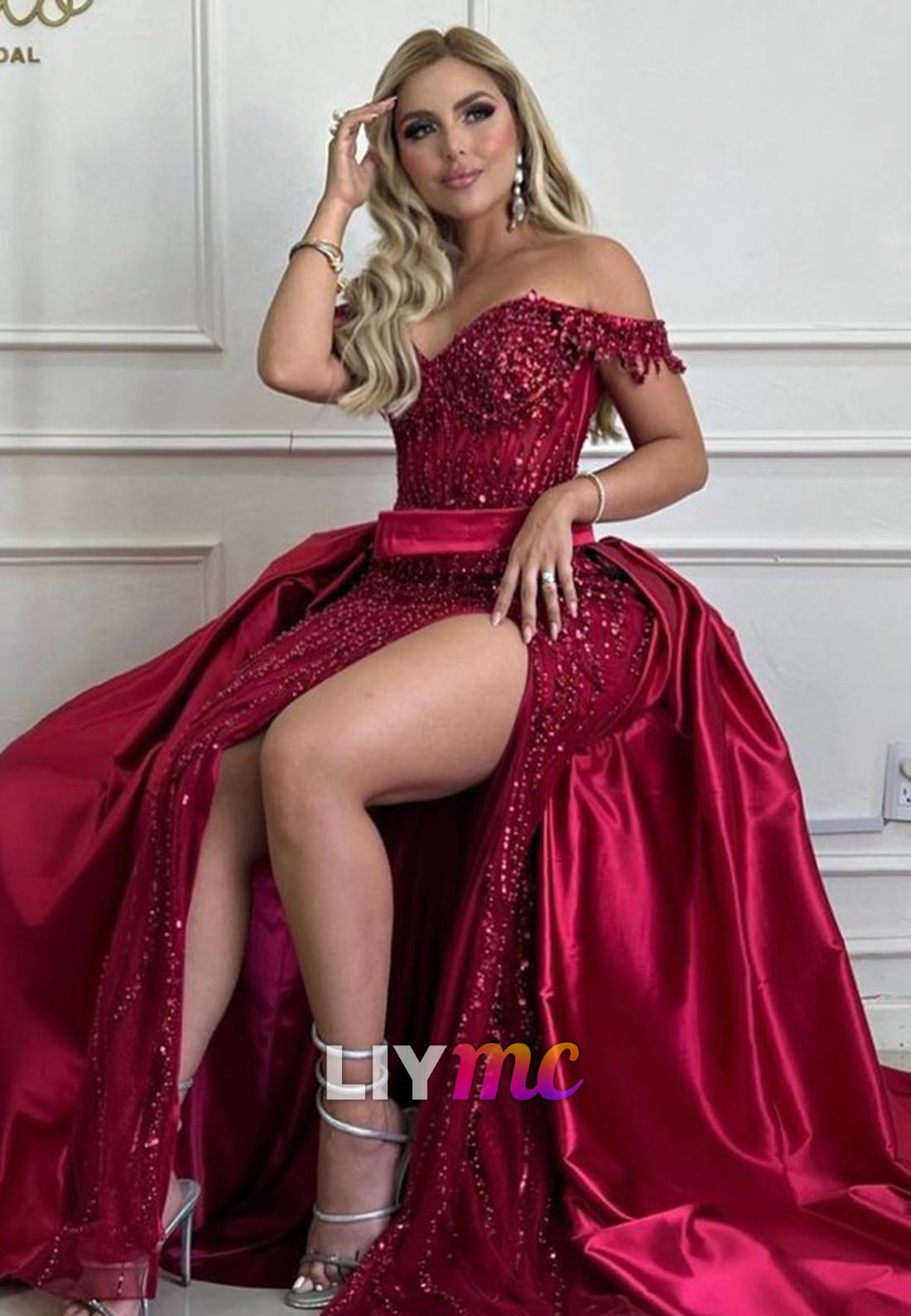 LP2043 - Off-Shoulder Strapless Sequins Beaded High Slit A-Line Prom Dress