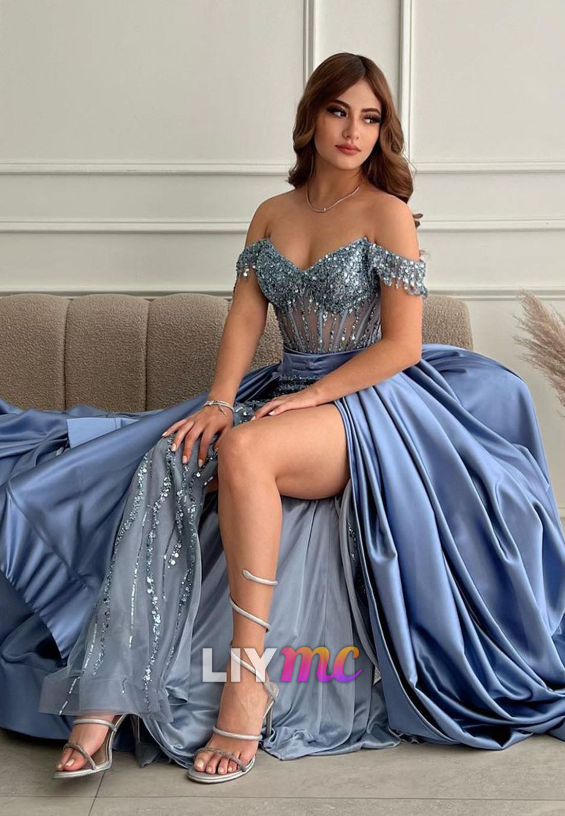 LP2043 - Off-Shoulder Strapless Sequins Beaded High Slit A-Line Prom Dress