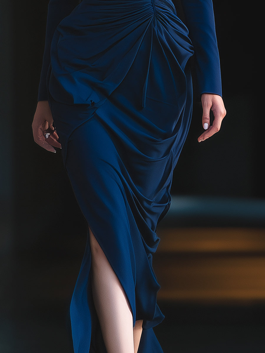Midnight Navy Draped Wrap Dress With Structured Shoulders