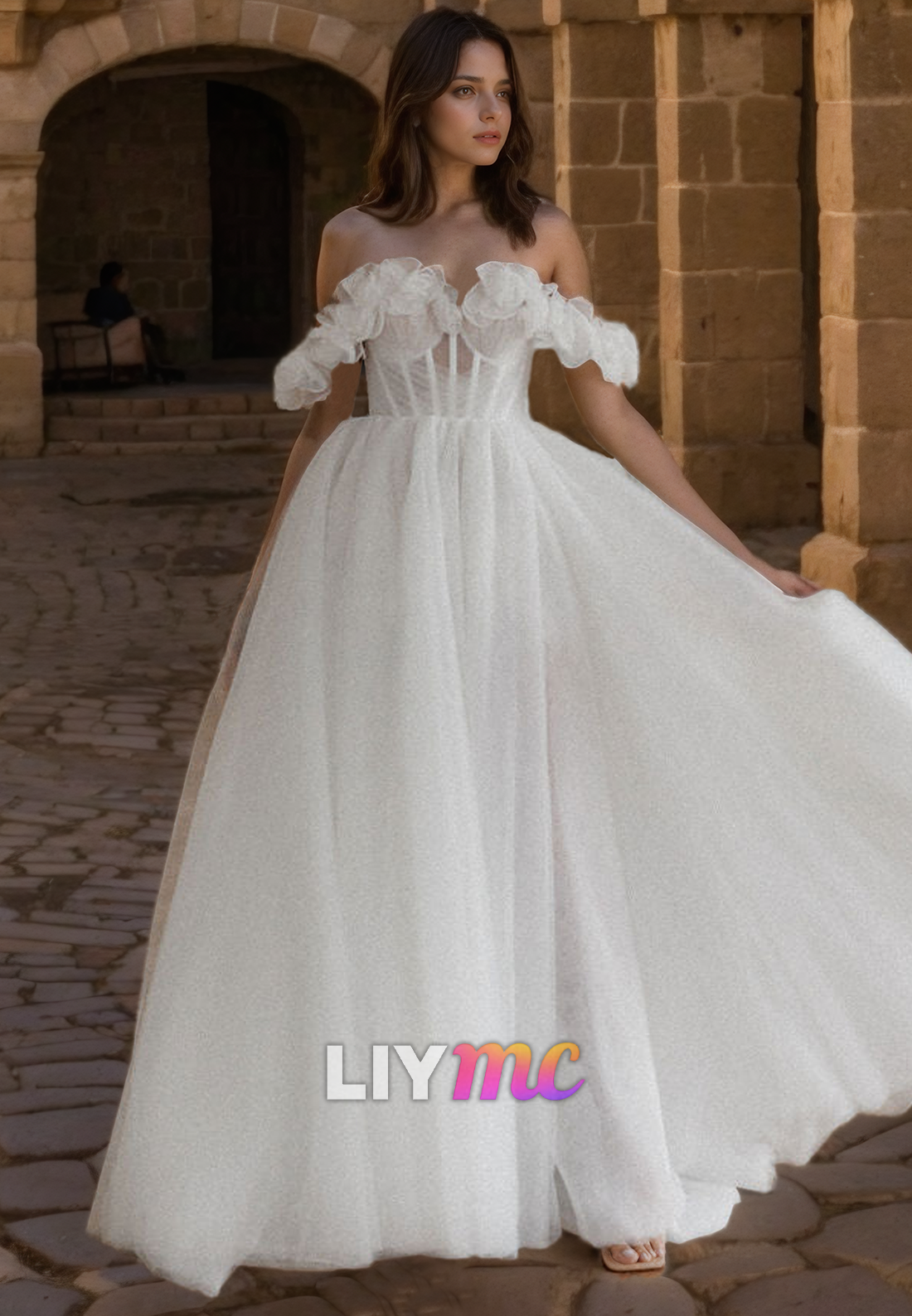 Off-Shoulder Strapless Floral Embellished Pleated A-Line Wedding Dress