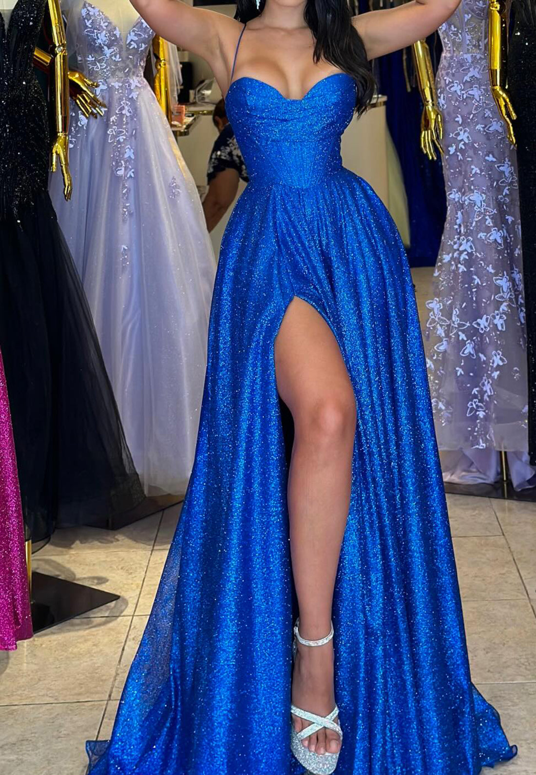 LP273 - Sparkly Spaghetti Straps Sweetheart Sequins A-Line Prom Dress With Slit
