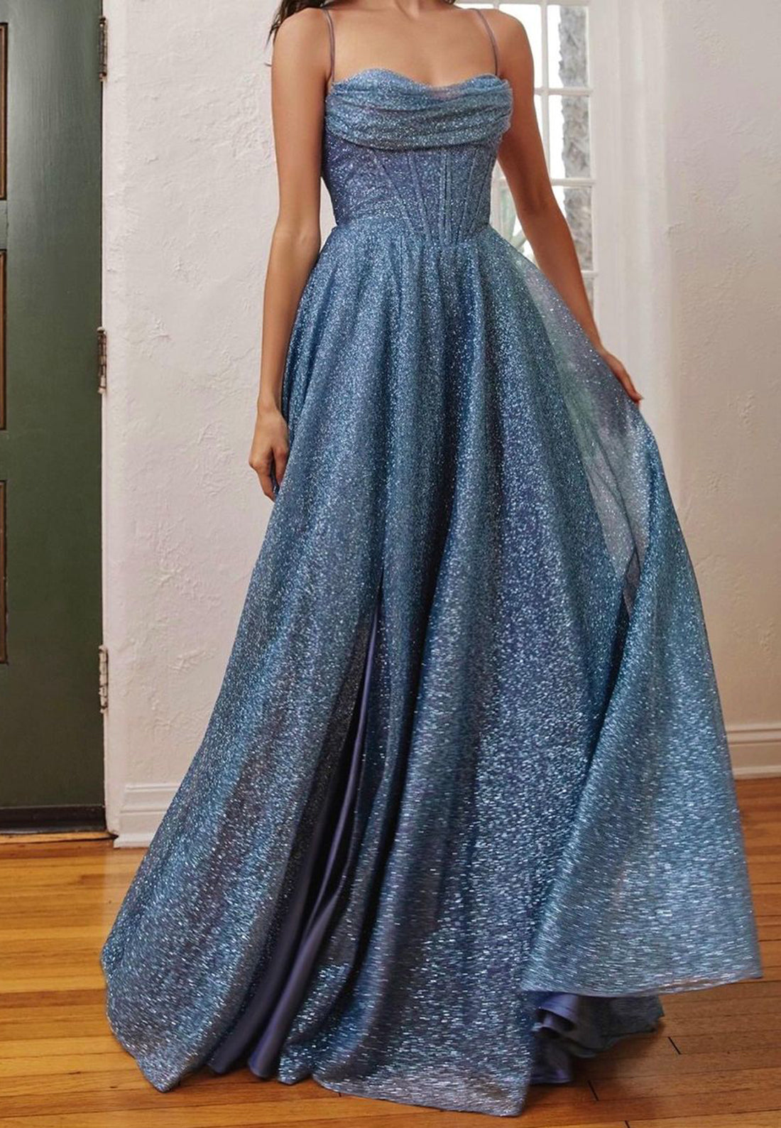 LP273 - Sparkly Spaghetti Straps Sweetheart Sequins A-Line Prom Dress With Slit