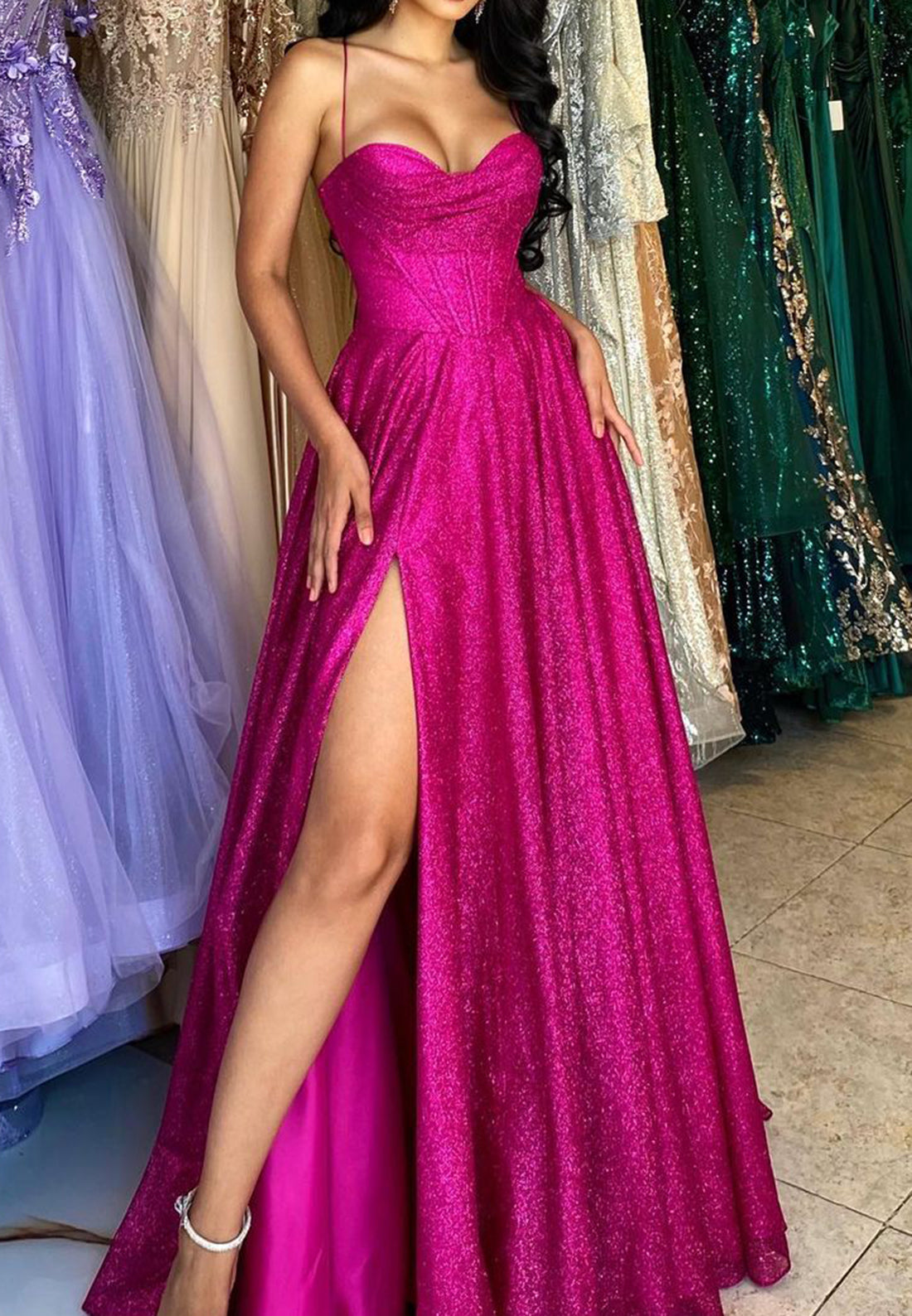 LP273 - Sparkly Spaghetti Straps Sweetheart Sequins A-Line Prom Dress With Slit