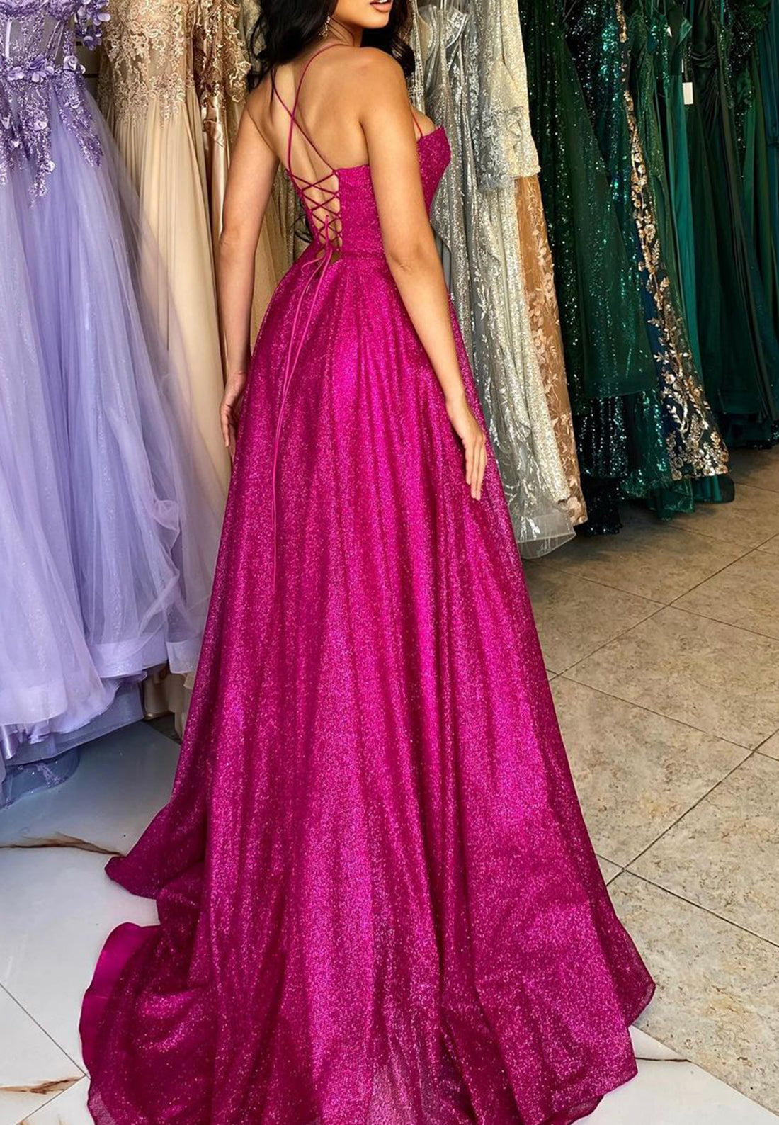 LP273 - Sparkly Spaghetti Straps Sweetheart Sequins A-Line Prom Dress With Slit