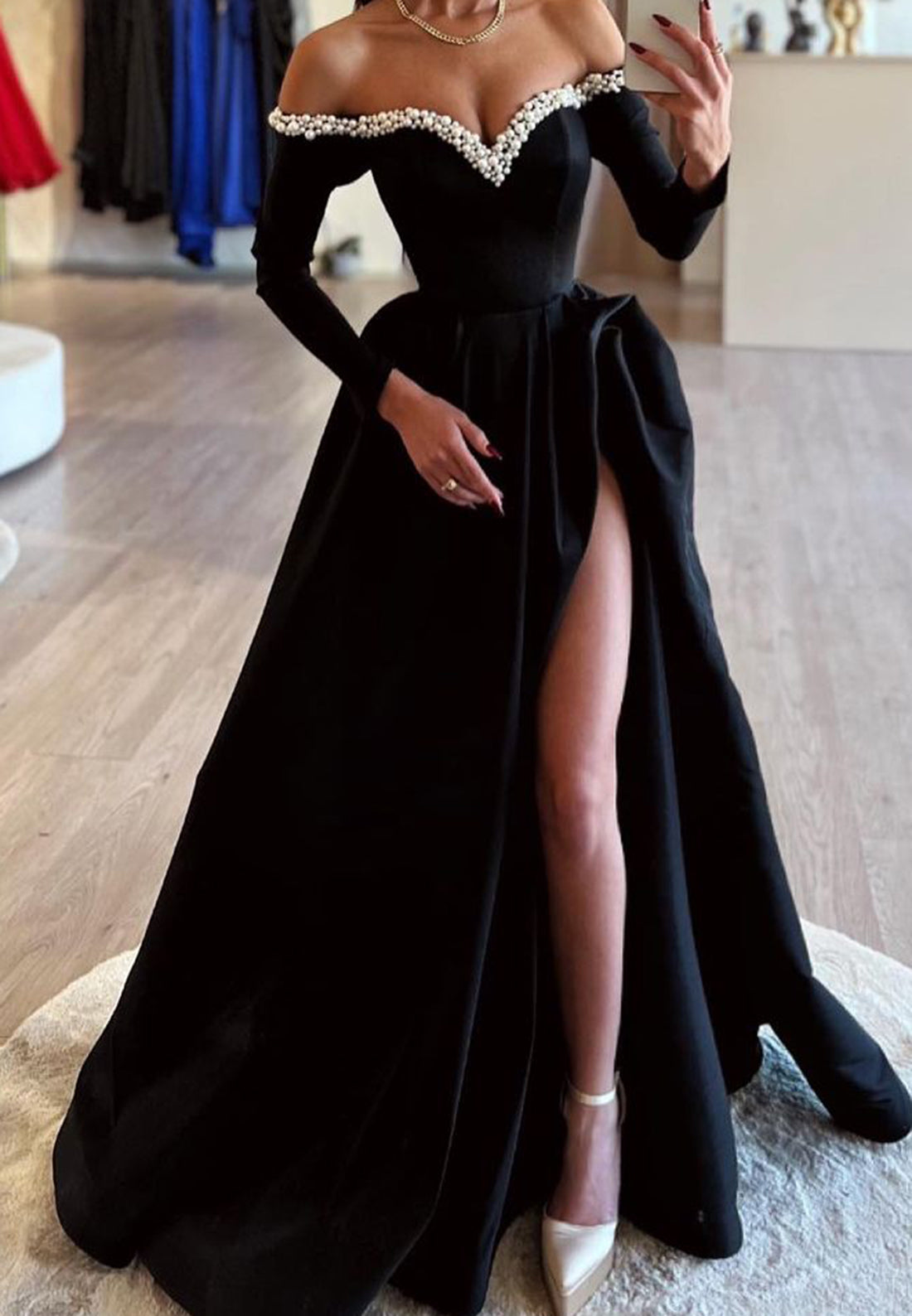 Off-Shoulder Long Sleeves Beaded A-Line Long Evening Dress