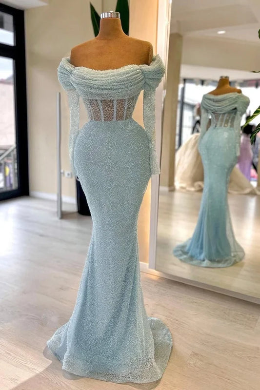 Light Blue Off-The-Shoulder Mermaid Evening Dress