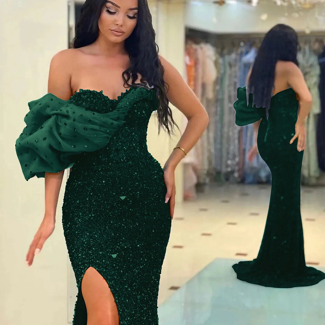 Gorgeous One Shoulder Sweetheart Mermaid Split Evening Dress With Sequins Off-The-Shoulder