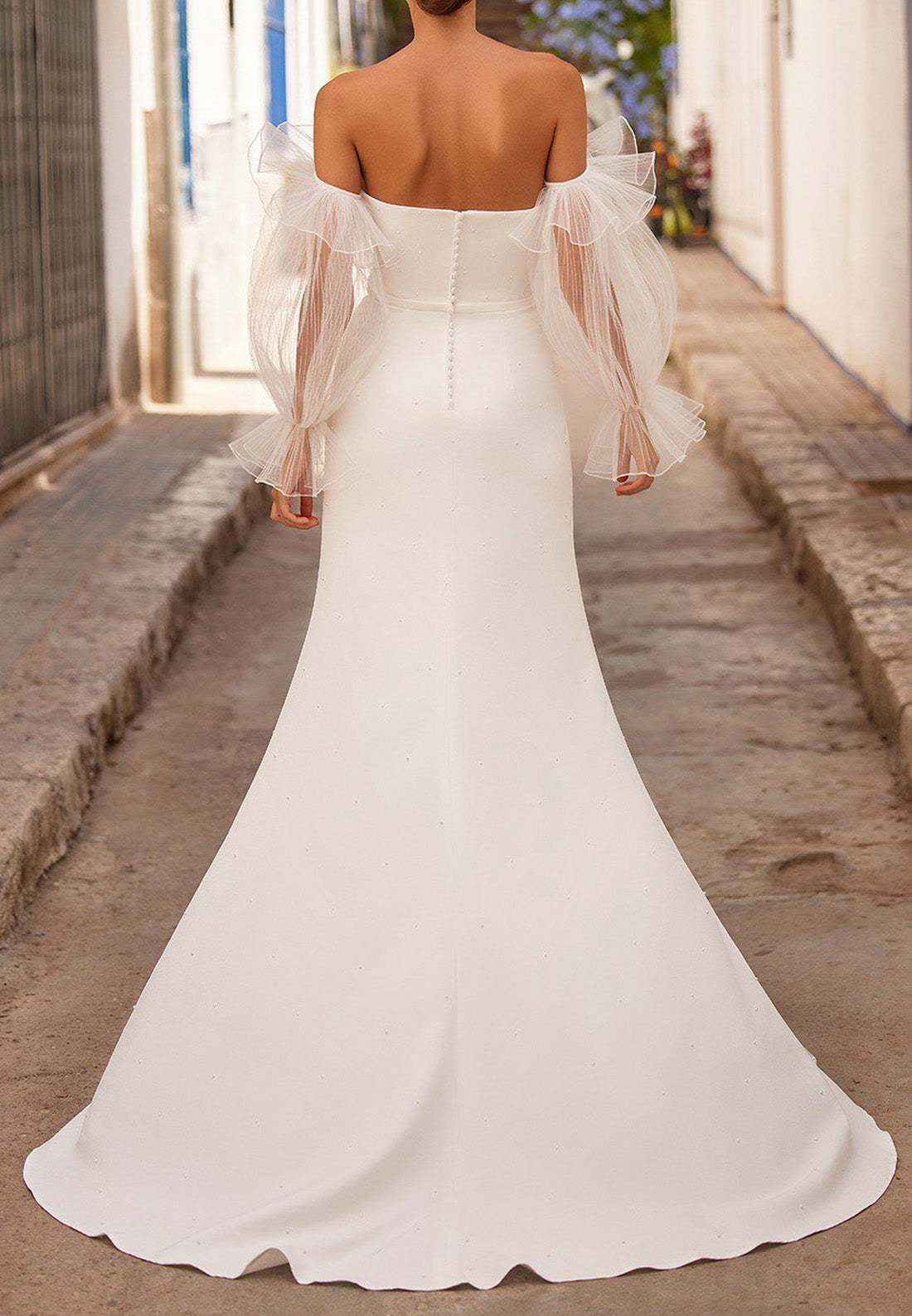 Off-Shoulder Long Sleeves Sleek Side Slit Beach Wedding Dress