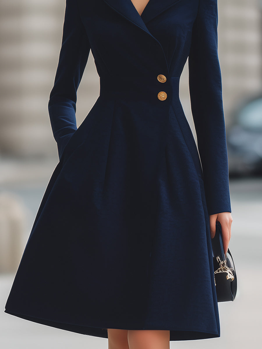 Elegant Navy Blue Tailored Fit Flared Coat Dress