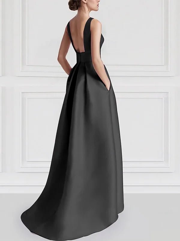 Elegant Black Satin High-Low Gown with Beaded Appliqué