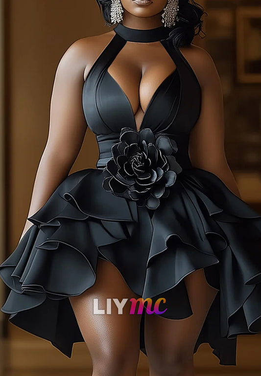 3D Flower Decor Irregular Ruffled Sleeveless Mini Dress