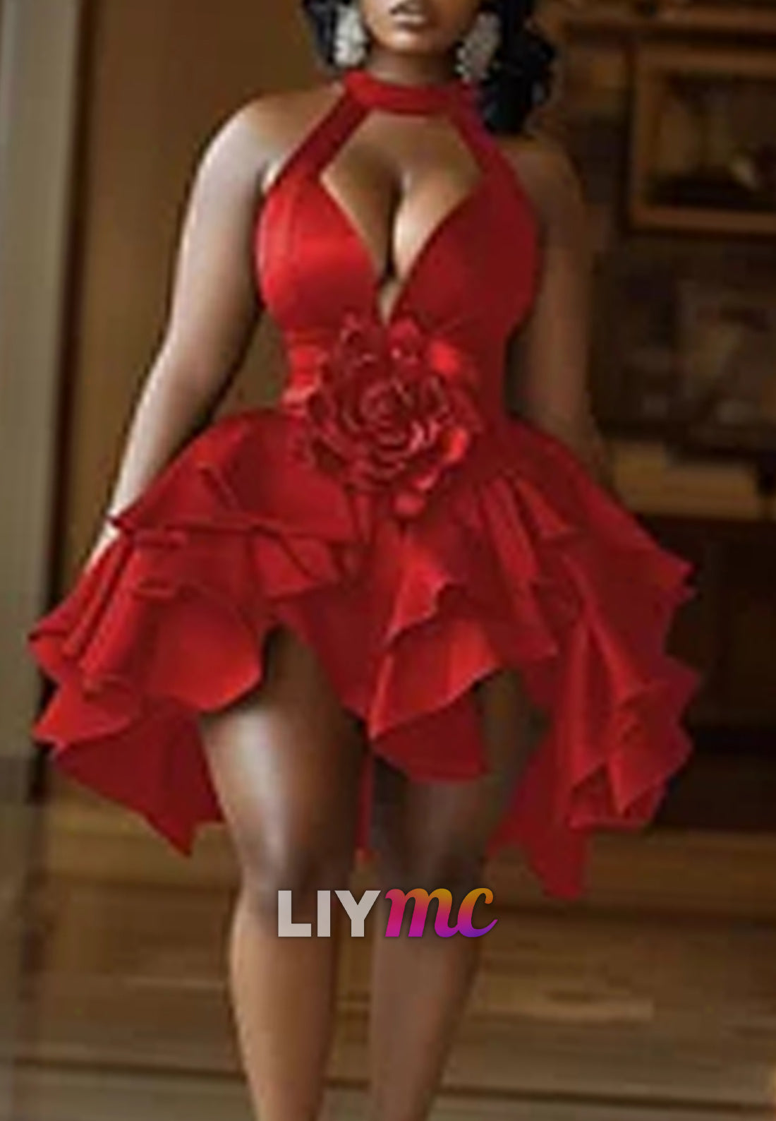 3D Flower Decor Irregular Ruffled Sleeveless Mini Dress