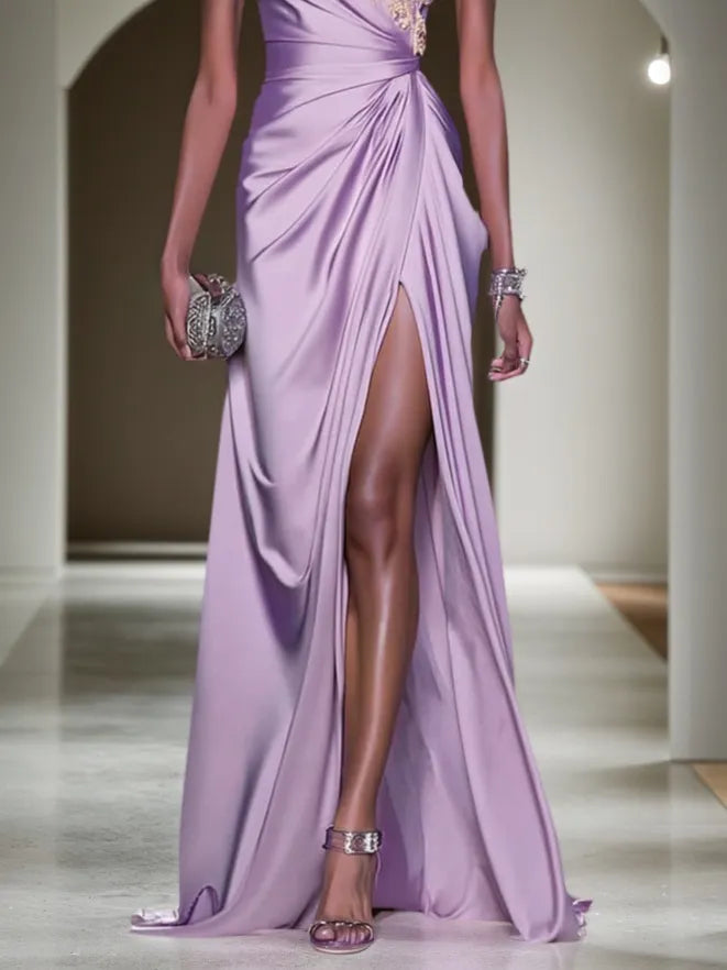 Purple Applique Ruched Classic One Shoulder Sleeveless A-Line Gown Dress