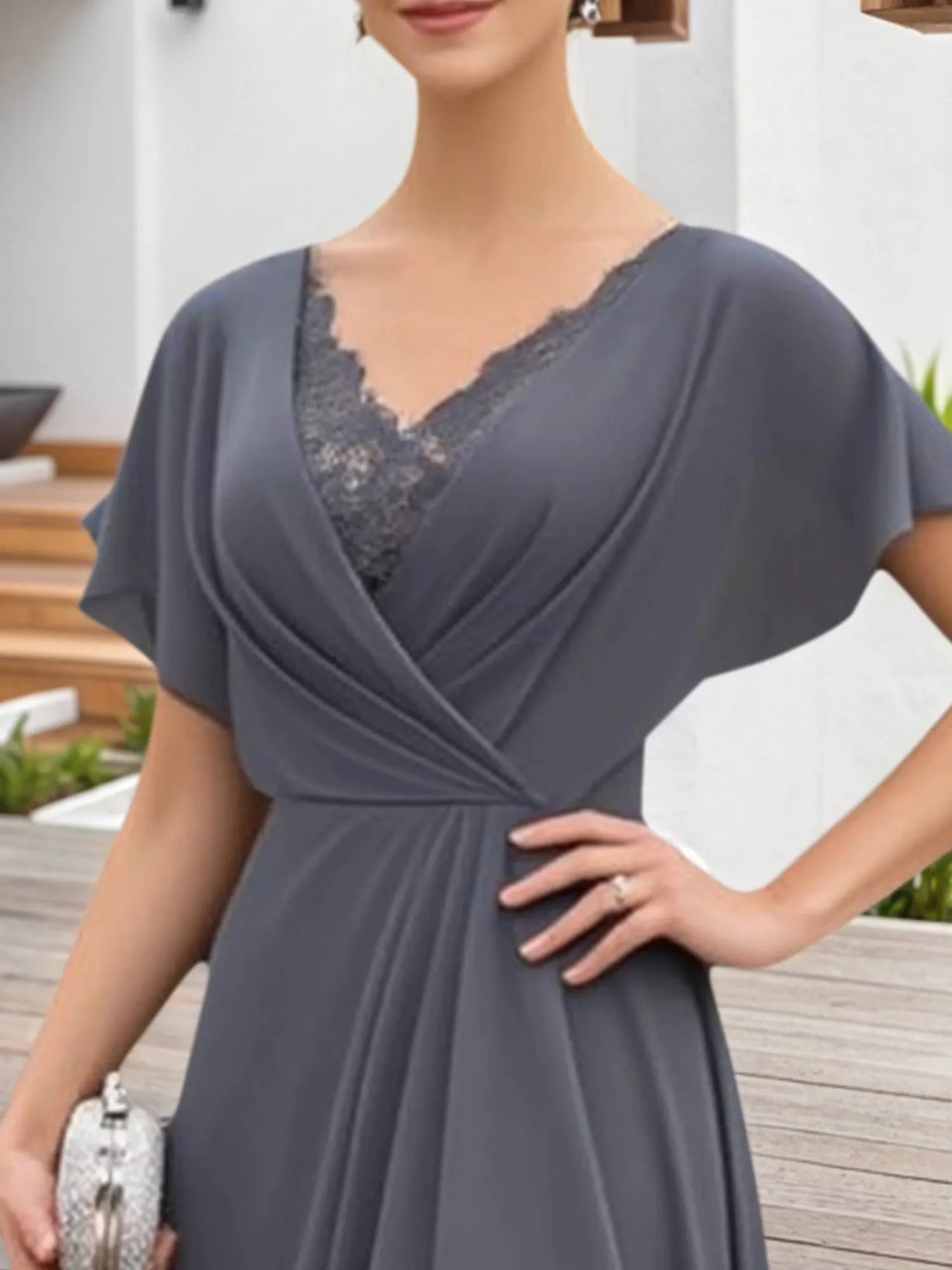 Mother of the Bride Dress Grey Lace V Neck Chiffon Maxi Dress