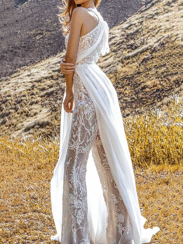 Stylish Round-Neck See-Through Lace Empire Wide Leg Pants Jumpsuit