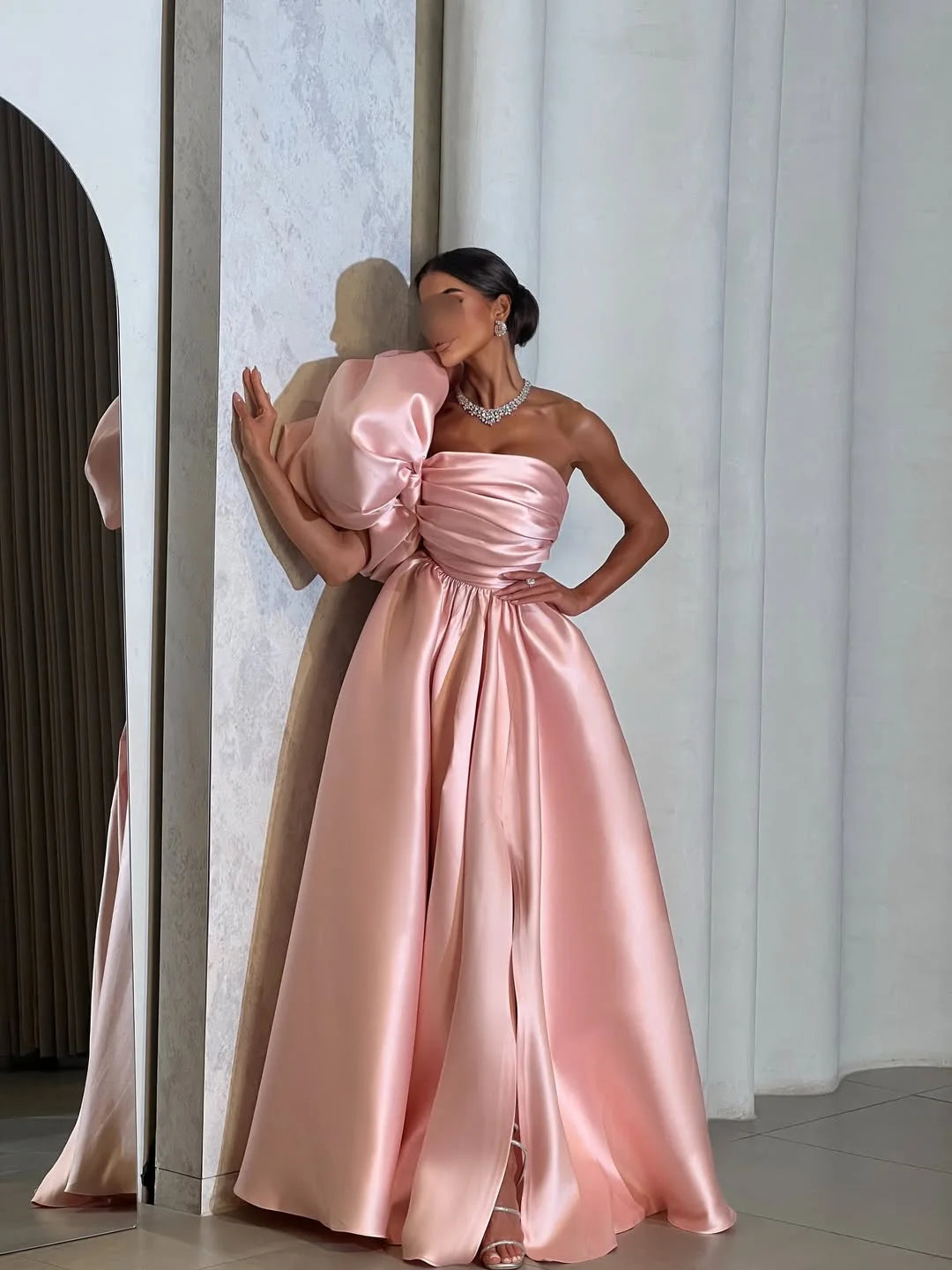 Gorgeous Pink Pleated One Shoulder Split Satin Prom Dress