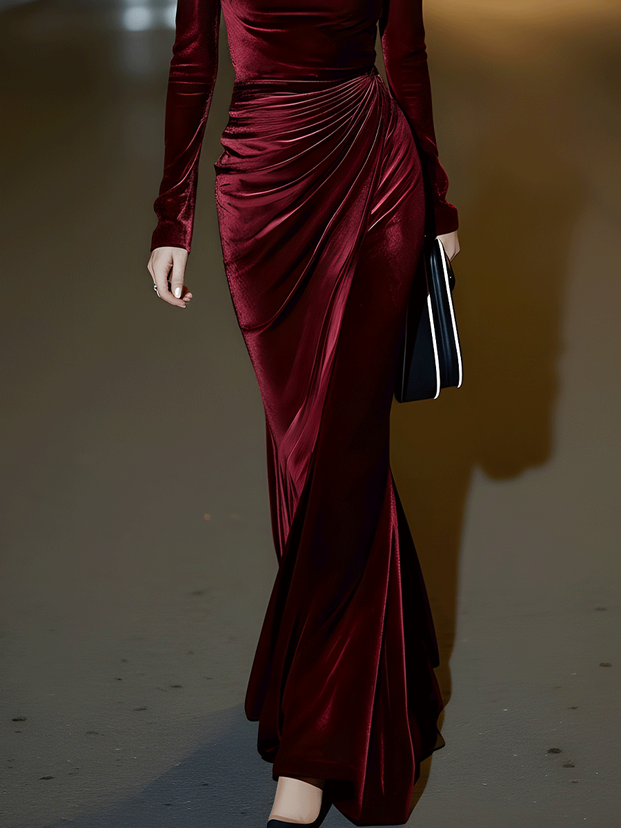 Burgundy Velvet Draped Evening Gown