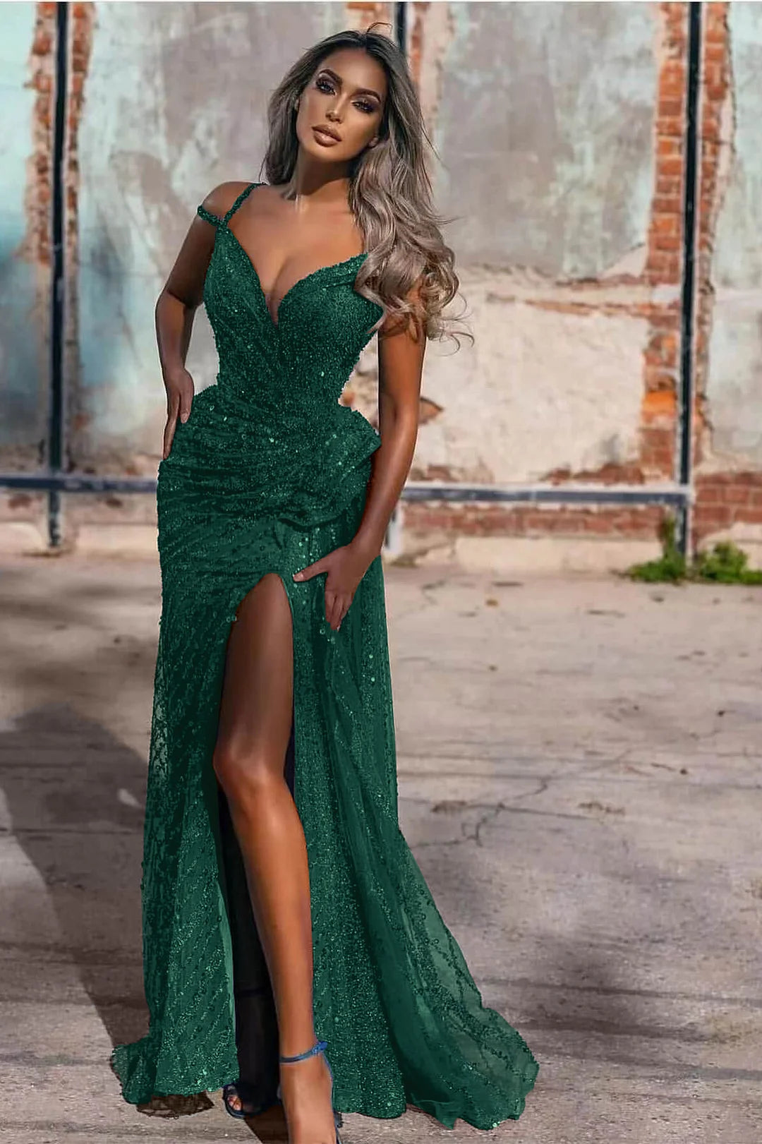 Off-The-Shoulder Sequins Evening Dress Split Mermaid