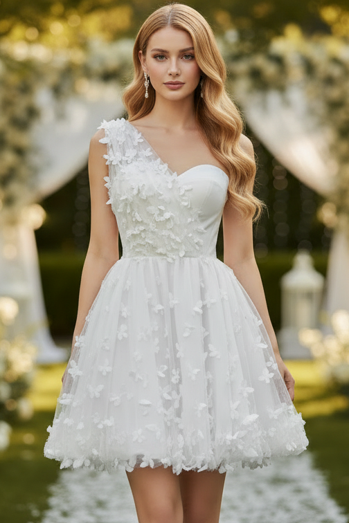 One Shoulder Floral Appliques Short A-Line Wedding Dress