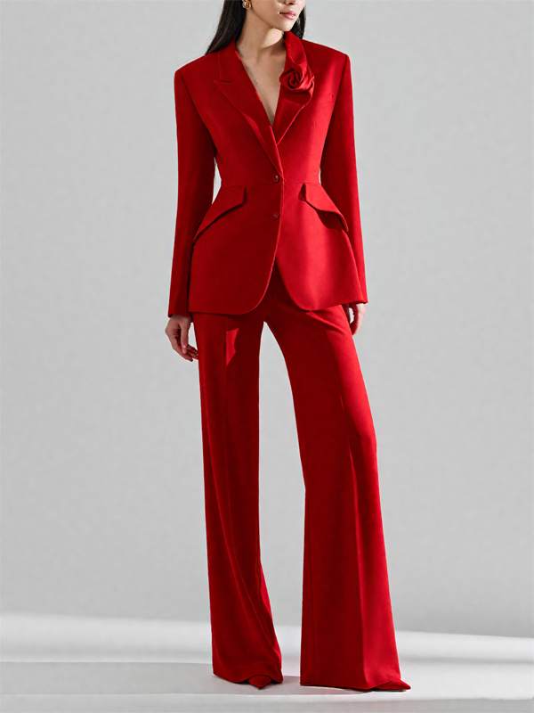 Red 3D Roses Blazer And Trousers 2-Piece Suit