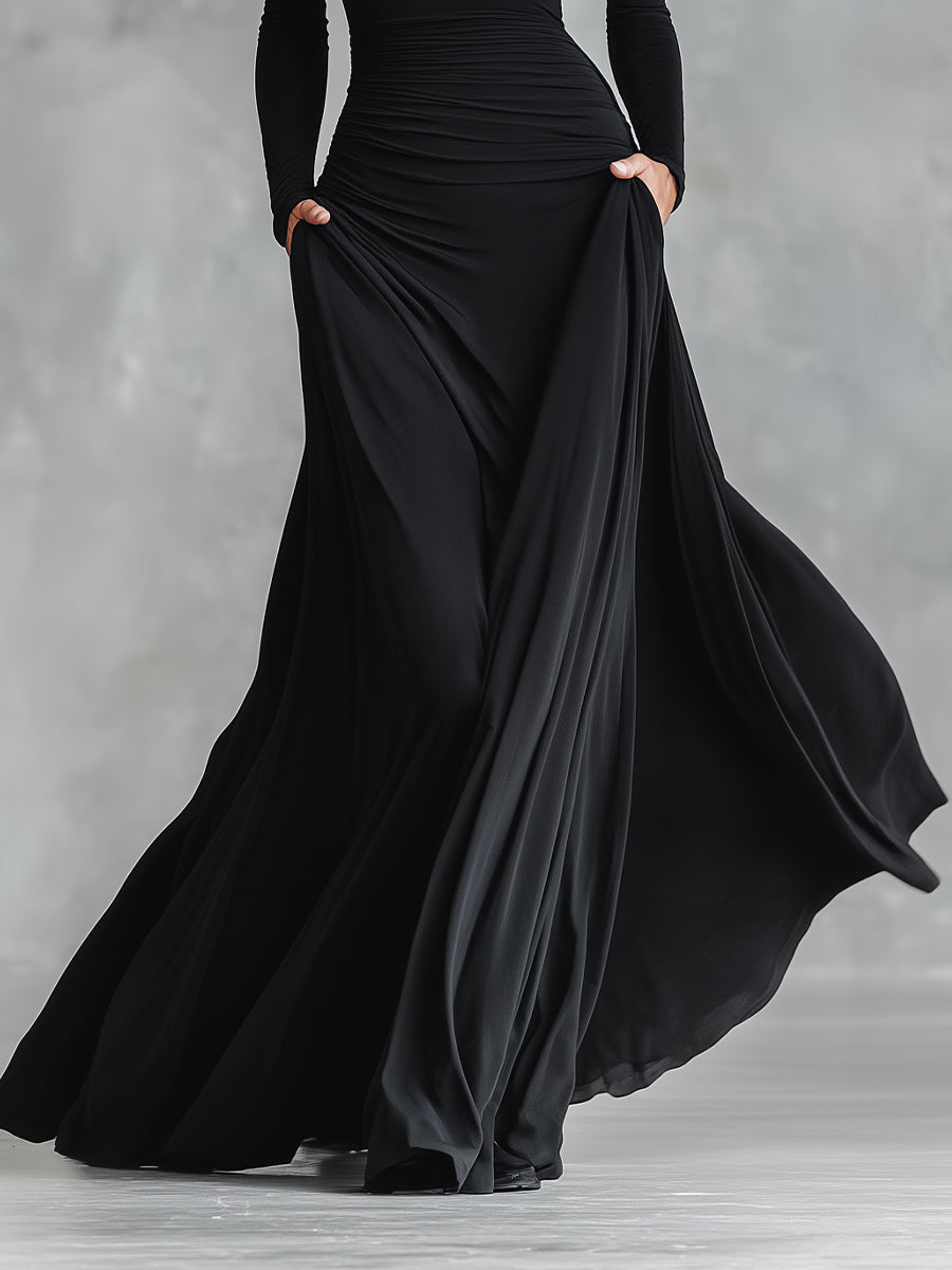 Women's Black Modern Crepe Ruched Boat - Neck Maxi Dress