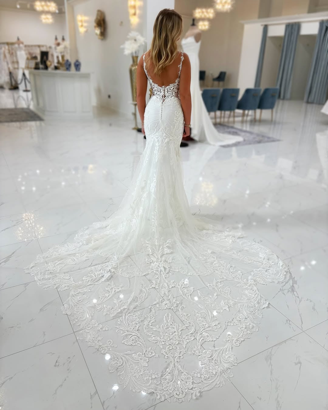 Mermaid Tulle Lace Appliqued V Neck Beach Wedding Dresses for Women
