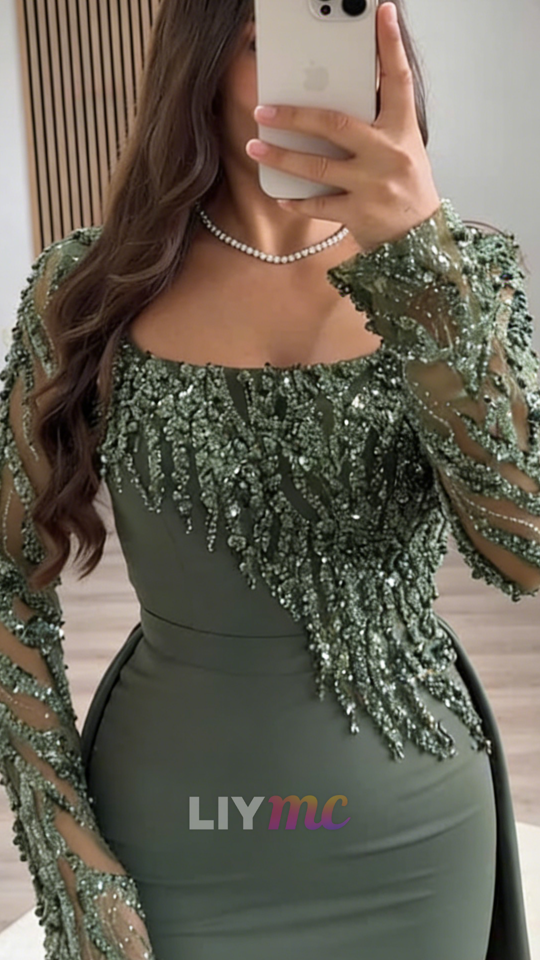 Square Long Sleeves Beaded Mermaid Evening Dress