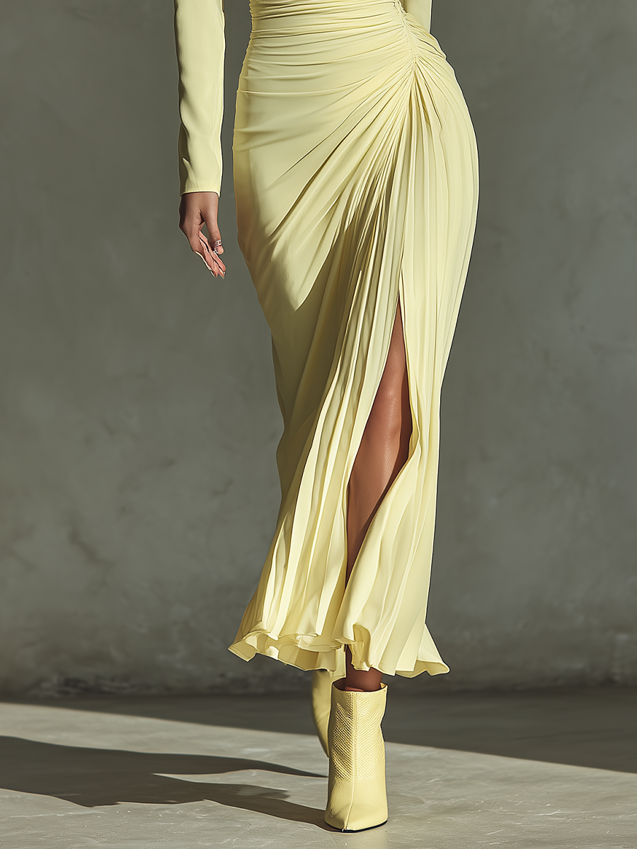 Women's Pale Yellow Smooth Fabric Plunging Neck Ruched Maxi Dress With Slit