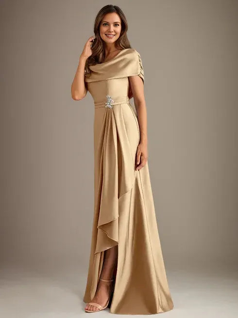 A-Line Scoop Floor-Length Stretch Satin Mother of the Bride Dress With Cascading Ruffles