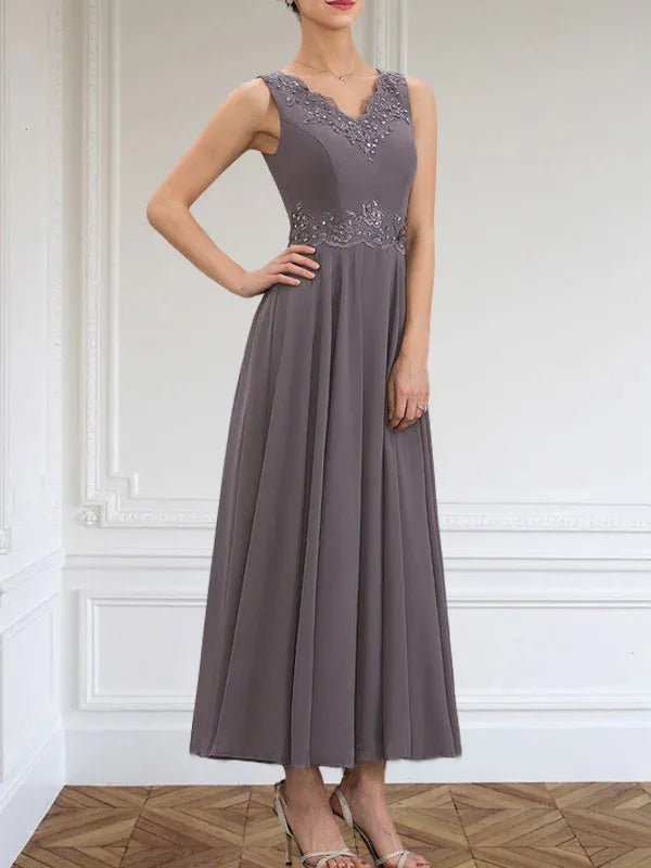 A-line V-Neck Ankle-Length Chiffon Mother of the Bride Dress With Sequins Appliques Lace Beading