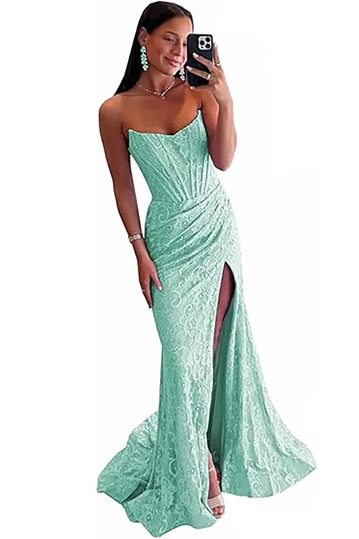 Romantic Lavender Mermaid Strapless Long Lace Prom Dress With Slit