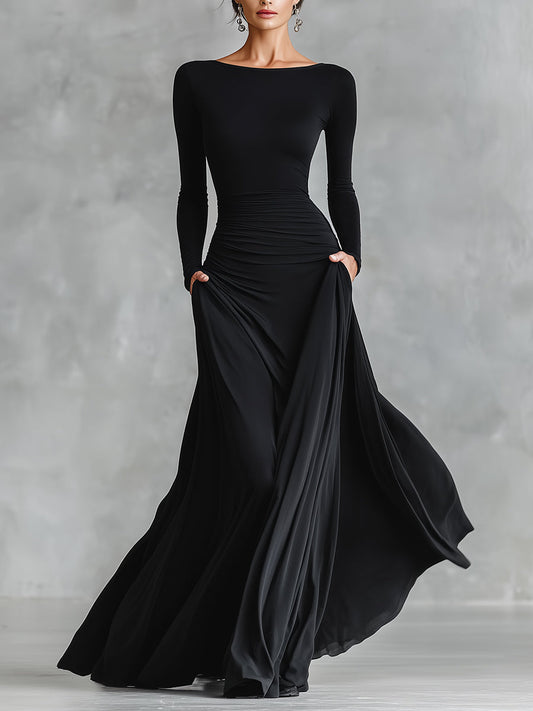 Women's Black Modern Crepe Ruched Boat - Neck Maxi Dress