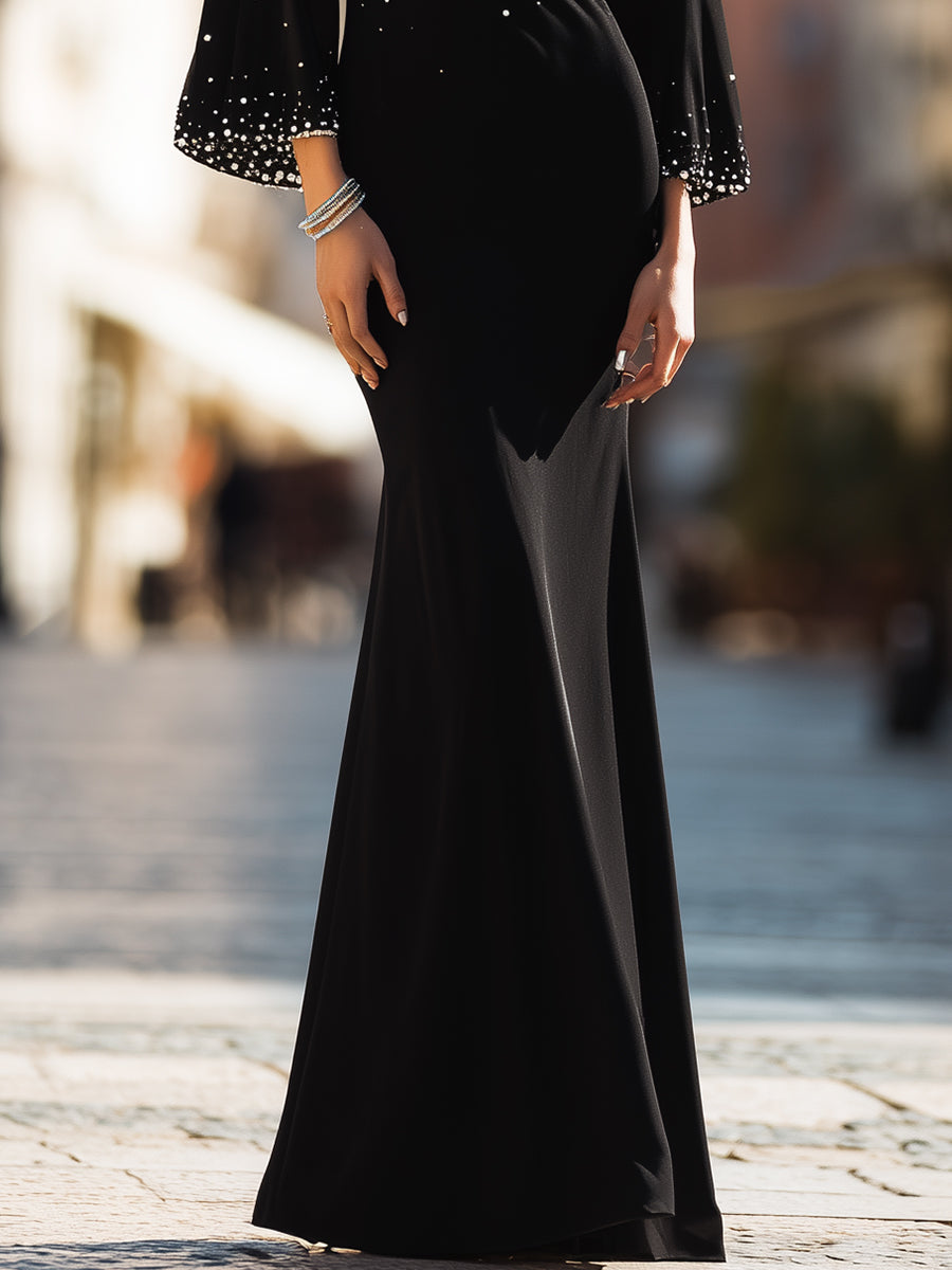 Black Crystal-Embellished Evening Gown