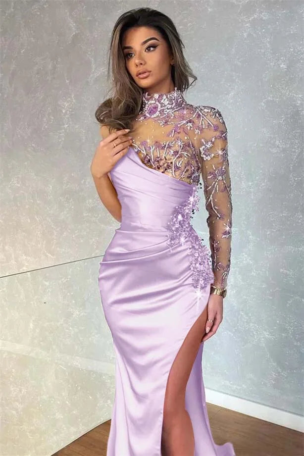 Dark Purple Split Appliques Mermaid High Collar Evening Dress With Beadings