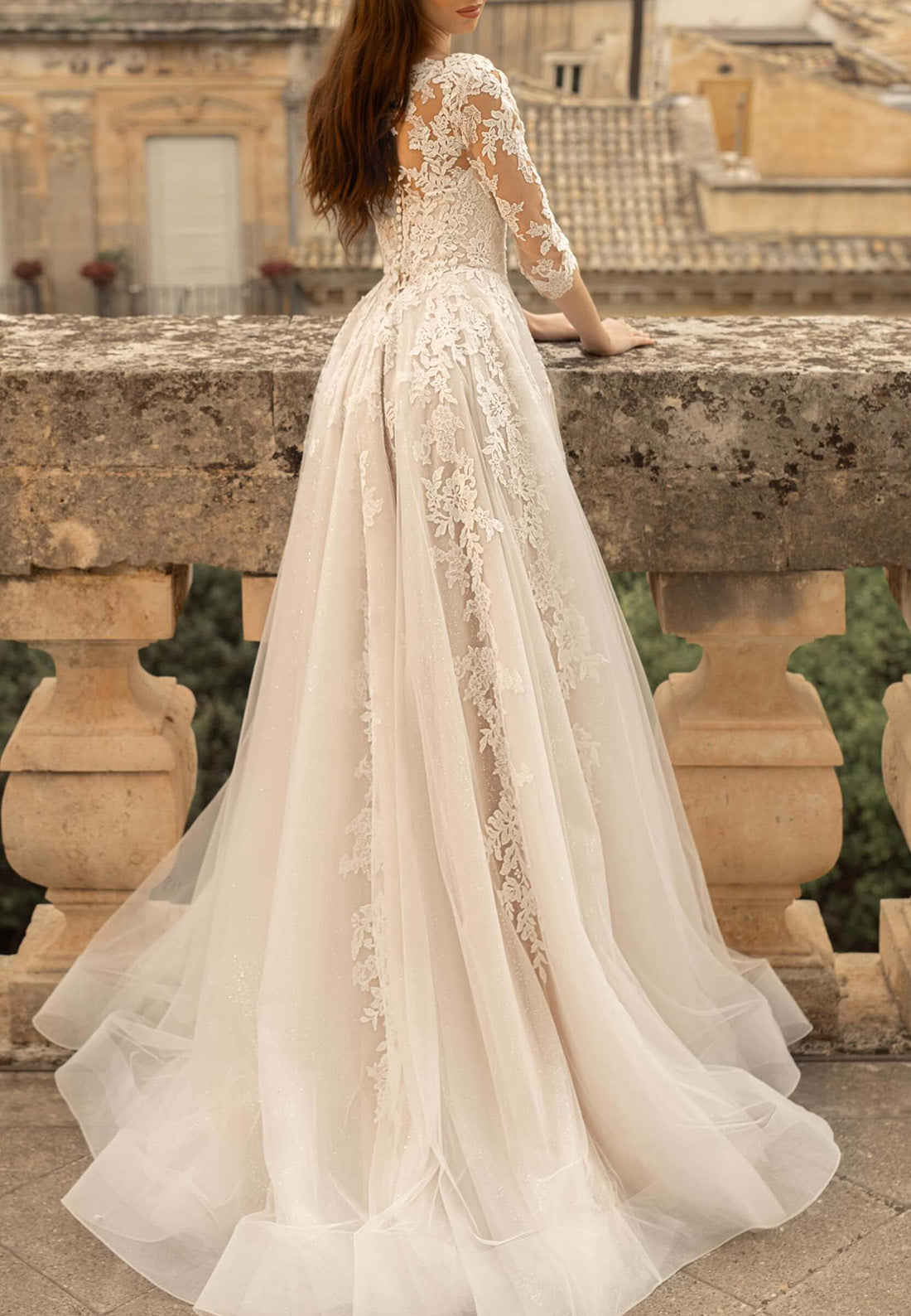 Scoop Long Sleeves Appliques Pleated A-Line Wedding Dress