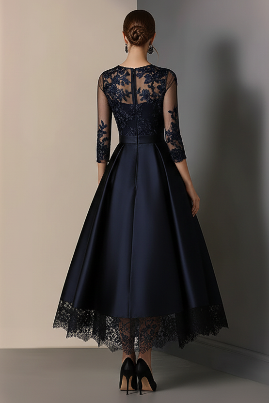 Navy A Line Lace Mother Of Bride Dress with 3/4 Sleeves