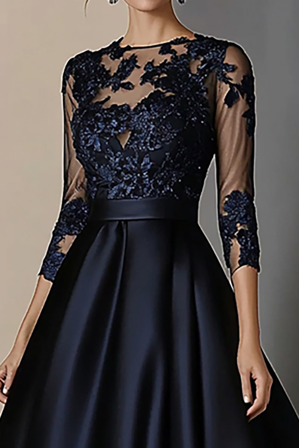 Navy A Line Lace Mother Of Bride Dress with 3/4 Sleeves