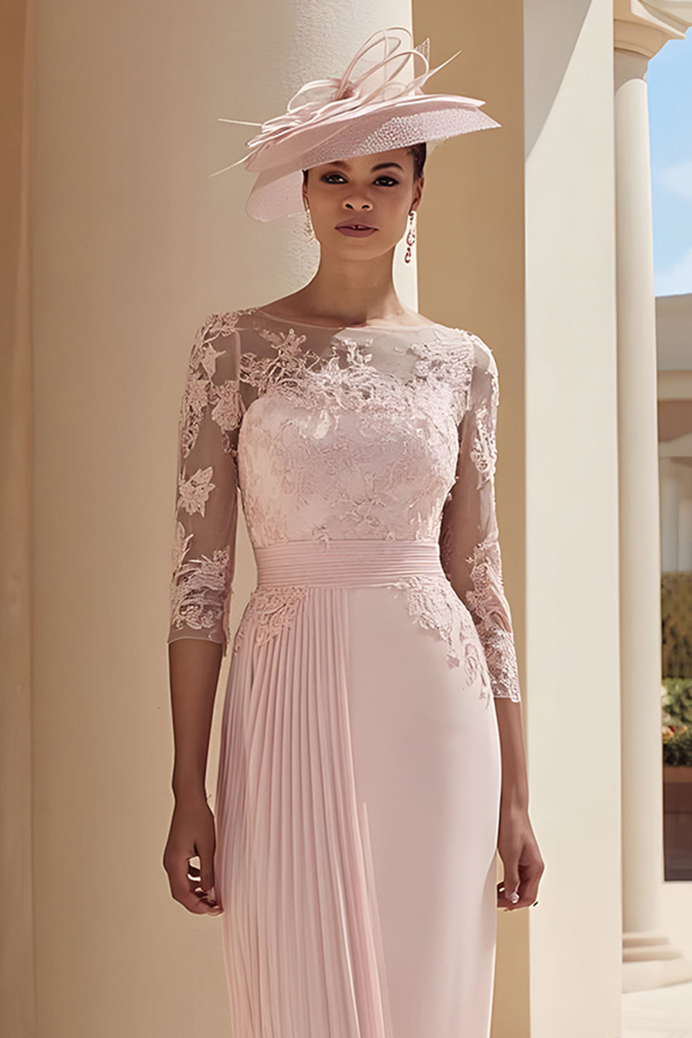 Blush Pink Illusion Boat Neck Pleated Midi Mother of the Bride Dress with Sleeves