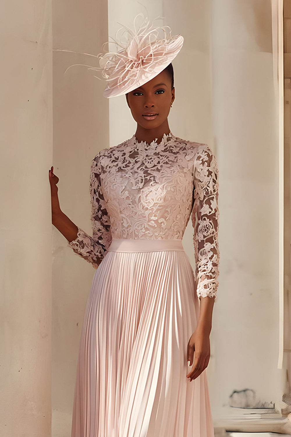 Blush Pink A Line Pleated Midi Mother of the Bride Dress with Lace