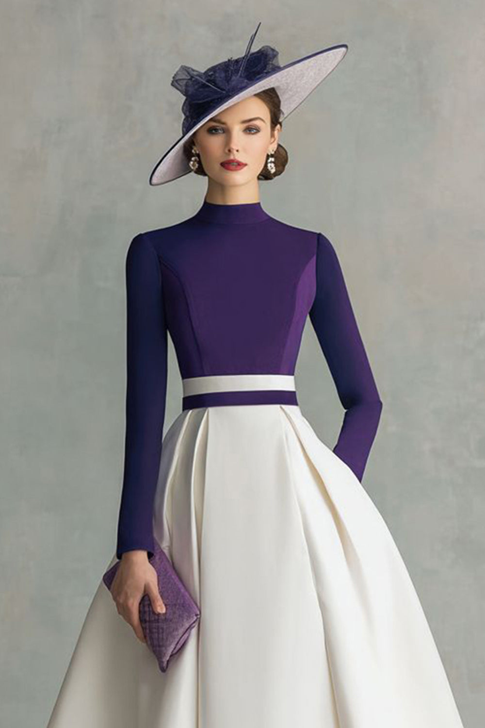 Plum High Neck Satin Midi Mother of the Bride Dress with Sleeves