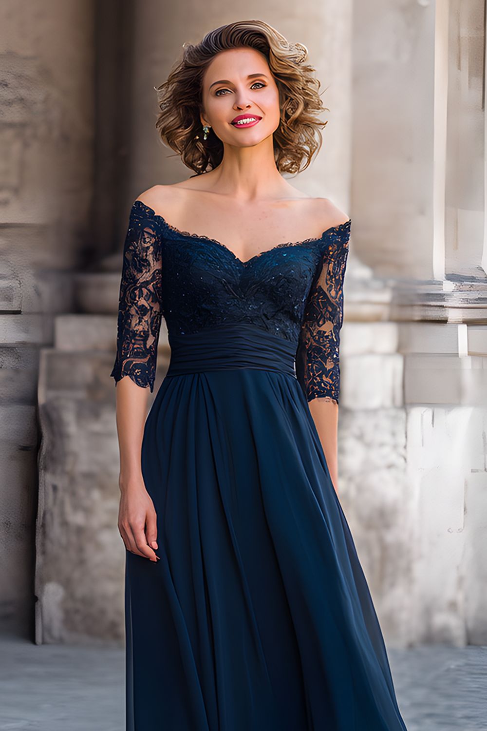 Navy Off the Shoulder Long Mother of the Bride Dress with Lace