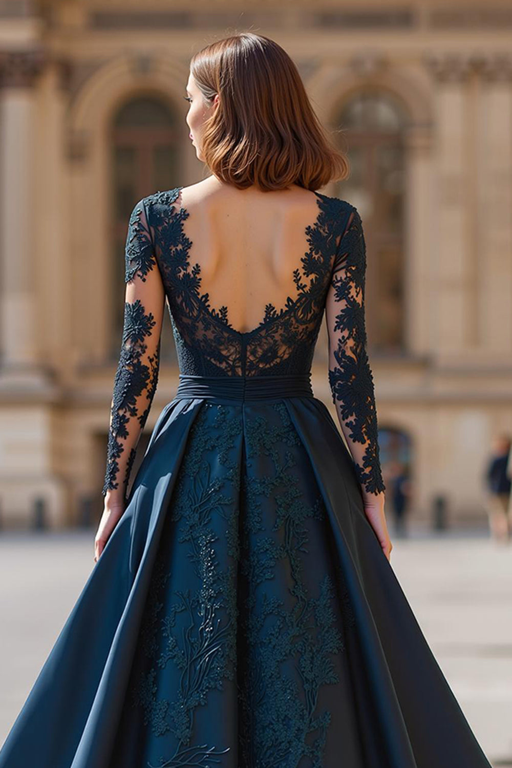 Navy V-Neck Long Sleeves A-Line Long Mother of the Bride Dress with Lace