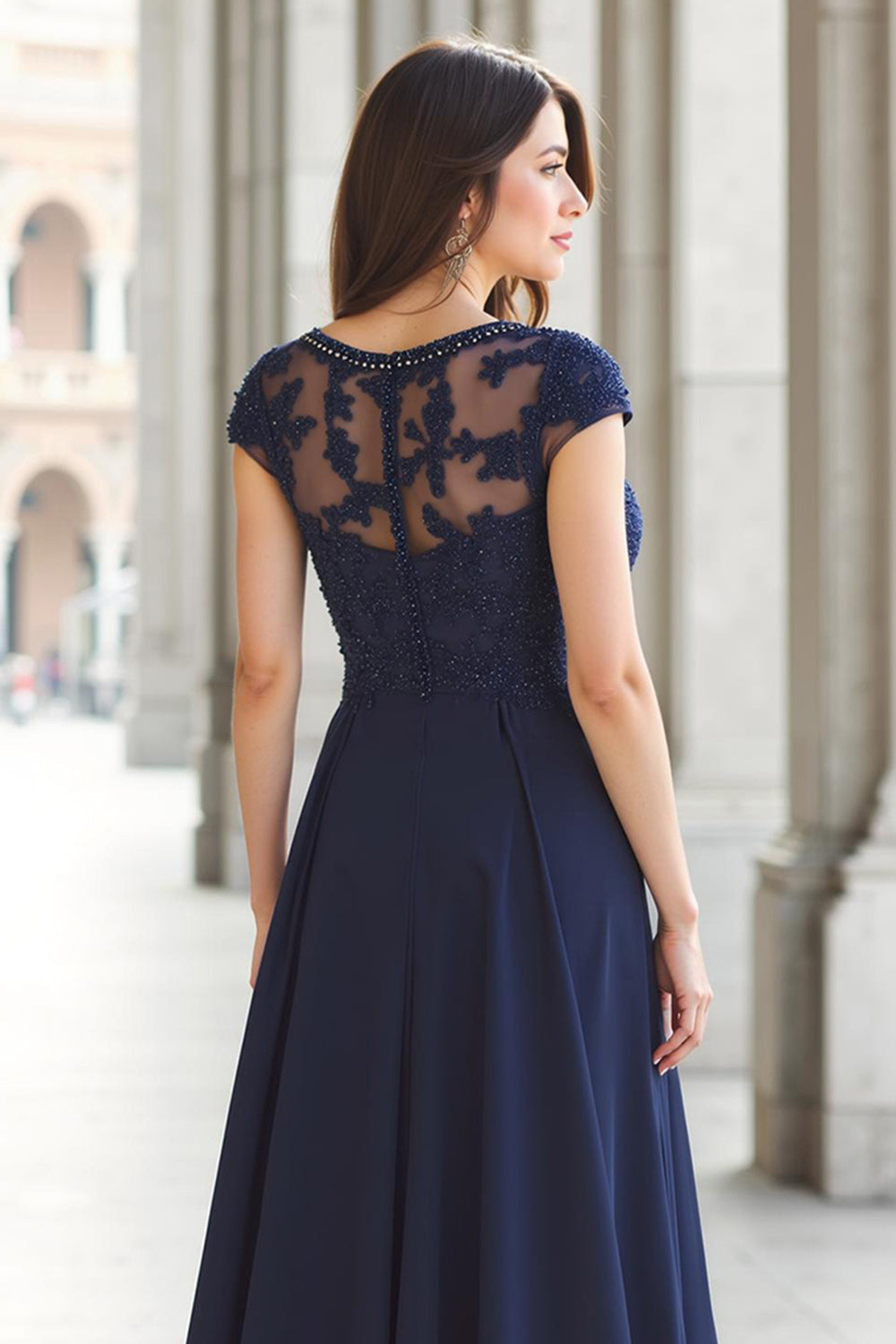 Navy Chiffon A-Line Boat Neck Long Mother of the Bride Dress with Appliques