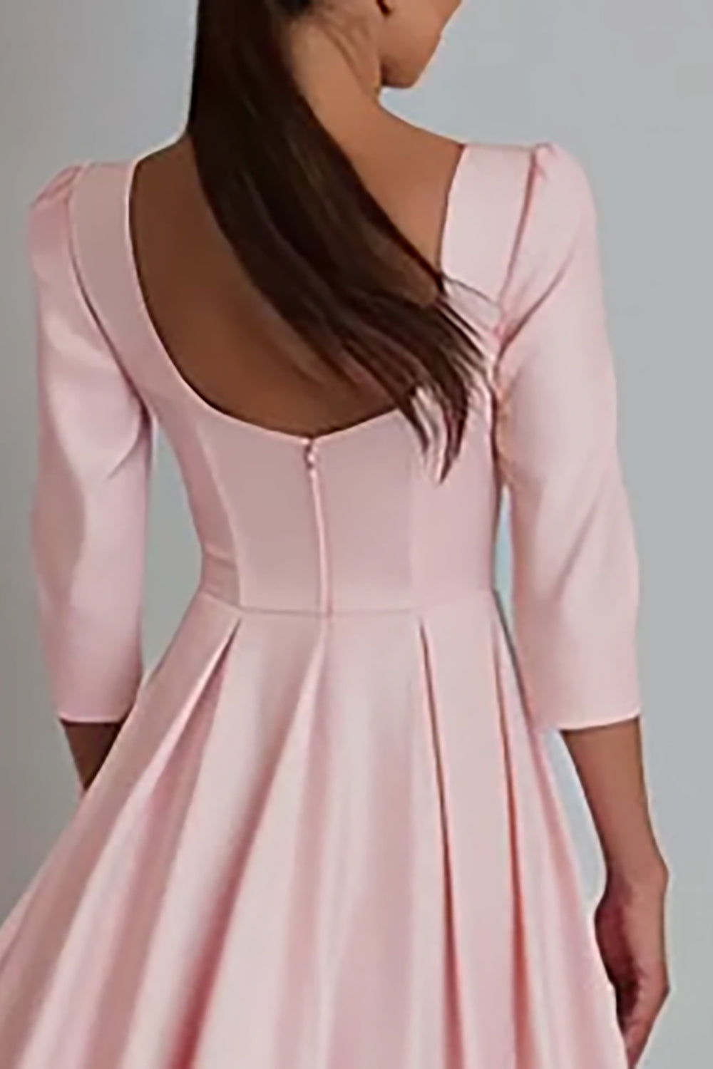 Pink Satin A Line Square Neck Long Work Dress with Sleeves